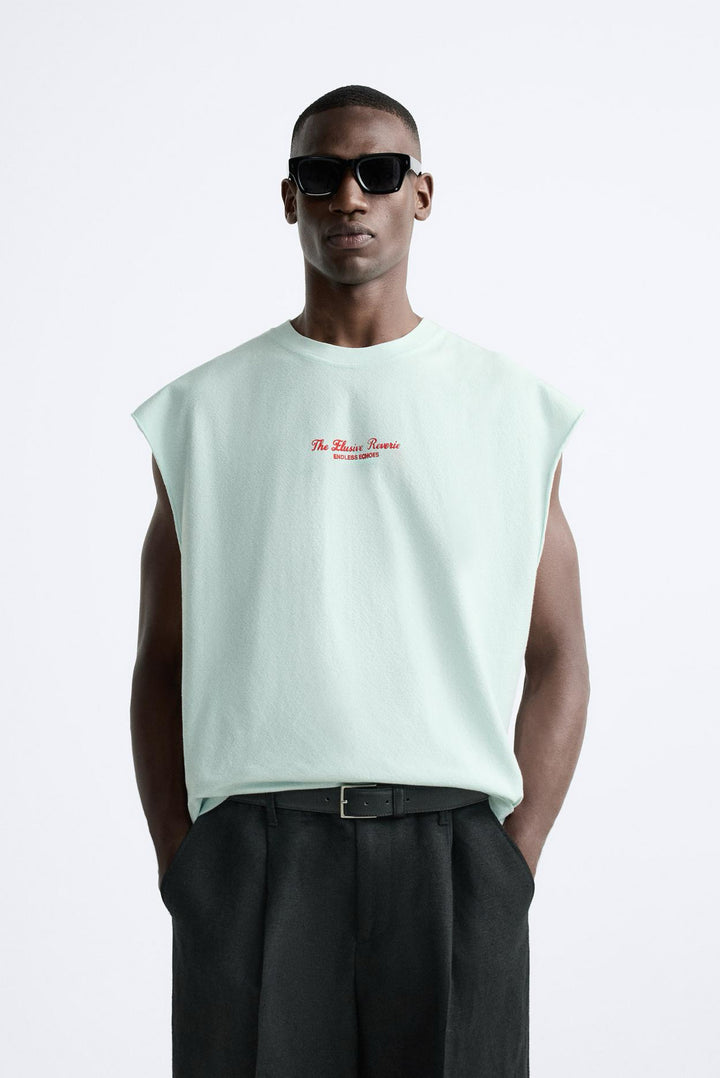 ZARA JACQUARD T-SHIRT WITH SLOGAN SKY BLUE