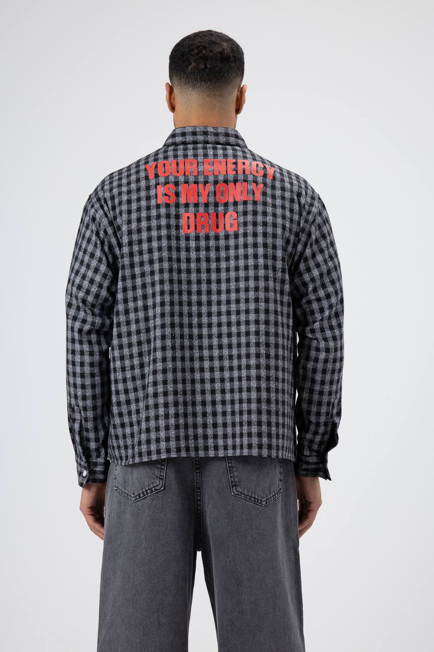 Essence of Life Check Embroidery Cropped Detail Overshirt in Black