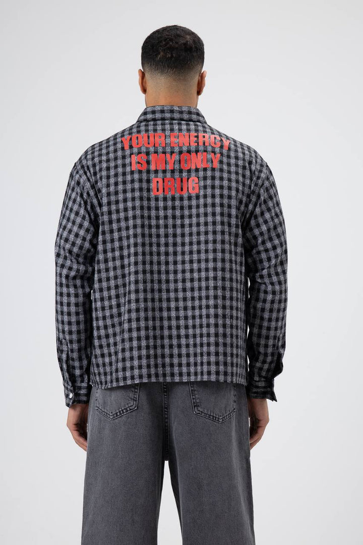 Essence of Life Check Embroidery Cropped Detail Overshirt in Black