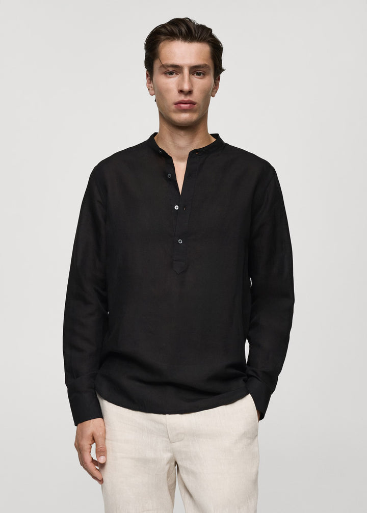 Retro Club Linen Tab Collar Long Sleeve T-shirt in Black