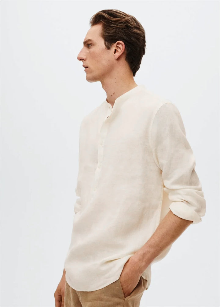 Retro Club Linen Tab Collar Long Sleeve T-shirt in off white