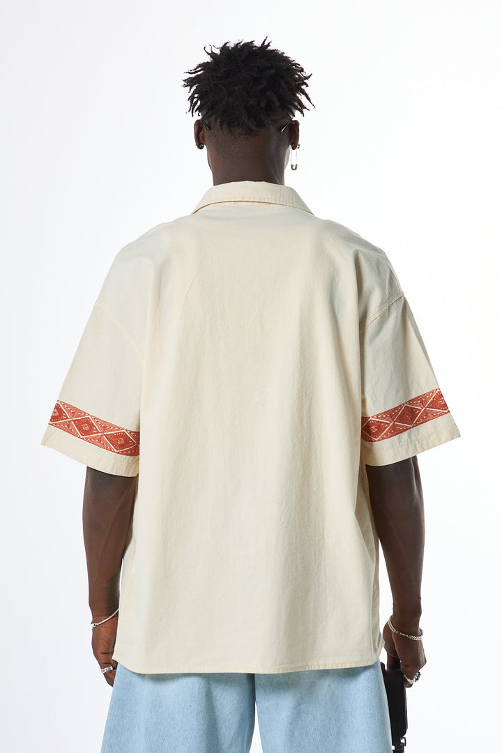 Vamos Embroidered Detailed Oversized Linen Shirt in Beige