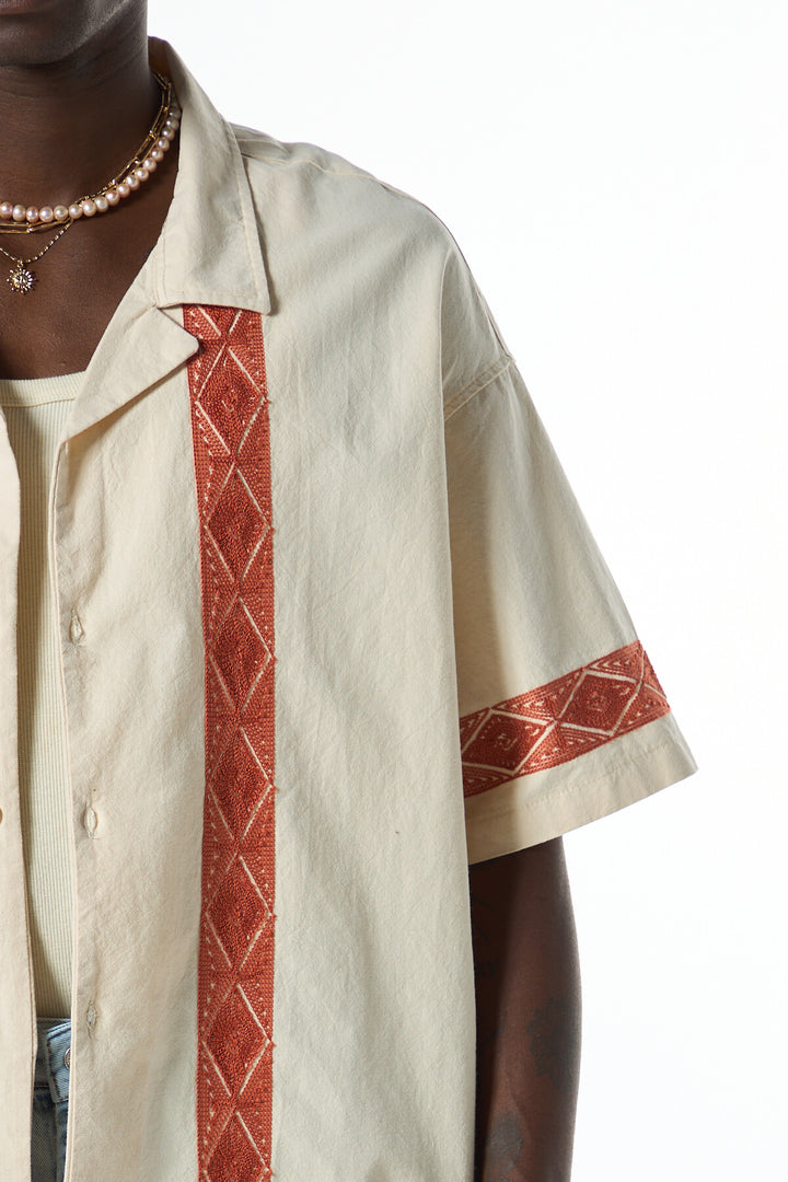 Vamos Embroidered Detailed Oversized Linen Shirt in Beige