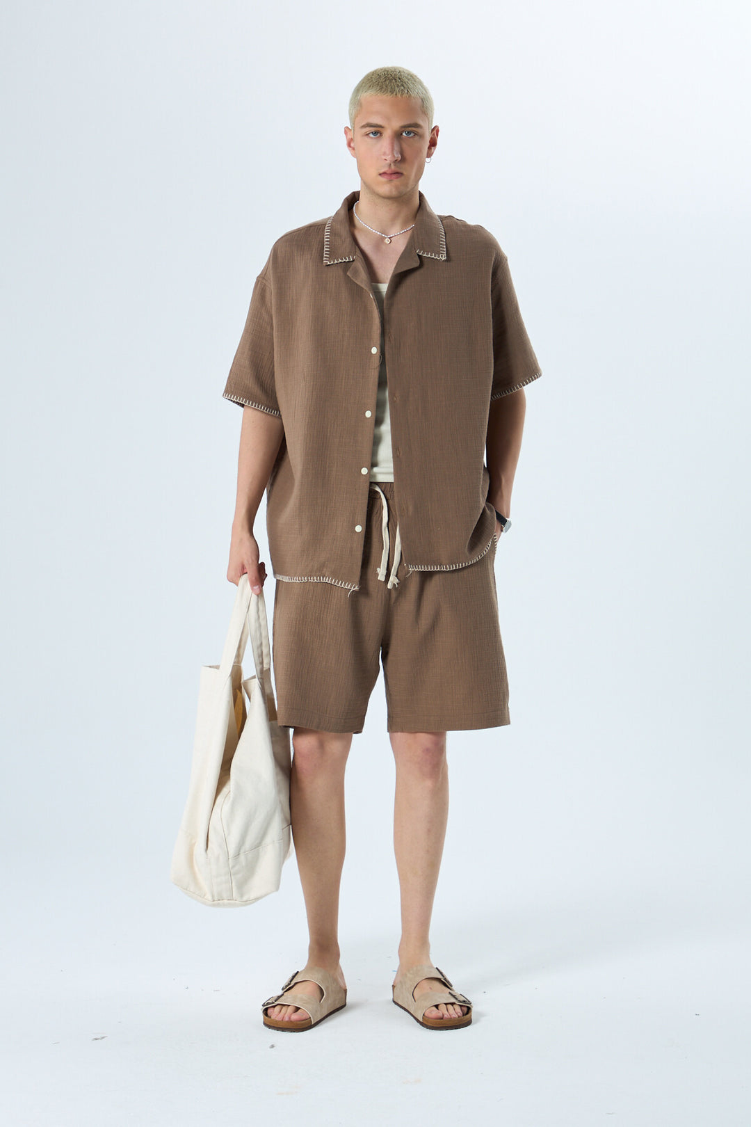 VAMOS SEWING DETAILED OVERSIZE MUSLIN LINEN SHORTS SET BROWN