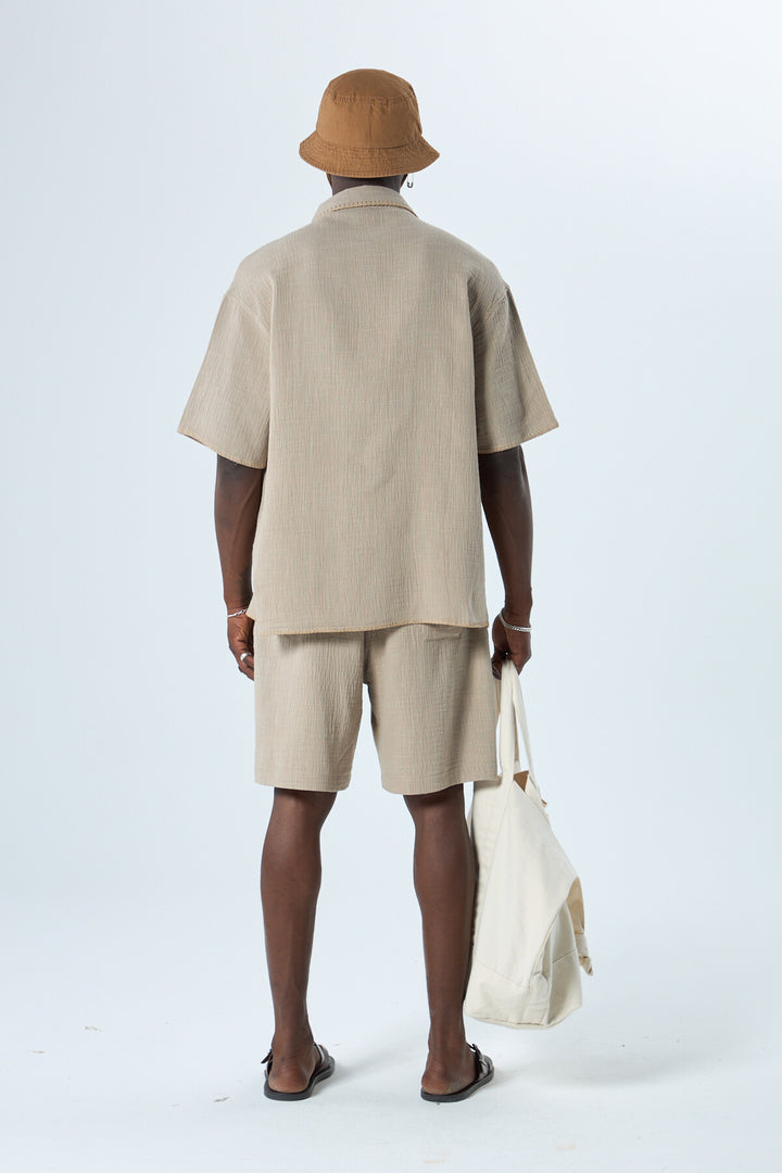 VAMOS SEWING DETAILED OVERSIZE MUSLIN LINEN SHORTS SET KHAKI