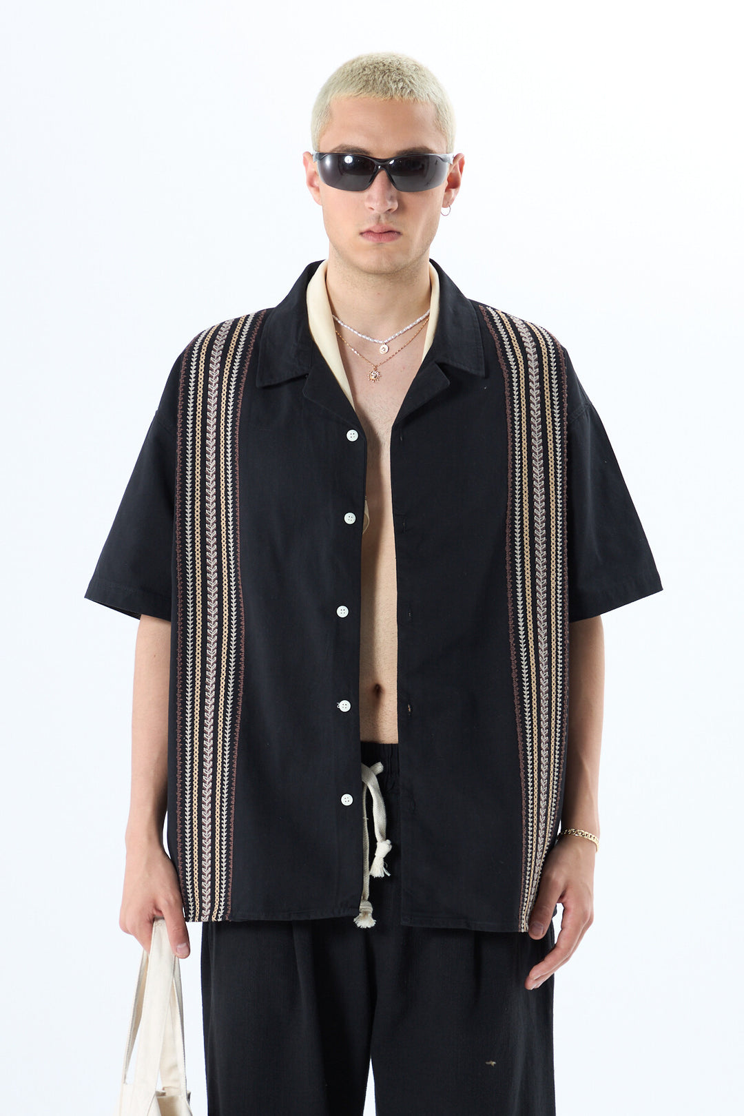 VAMOS EMBROIDERY DETAILED POCKETLESS SHORT SLEEVE OVERSIZE LINEN SHIRT BLACK