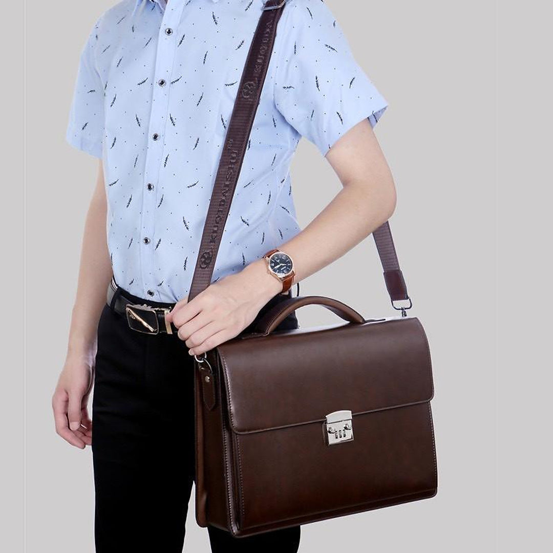 Leather Passcode briefcase in brown