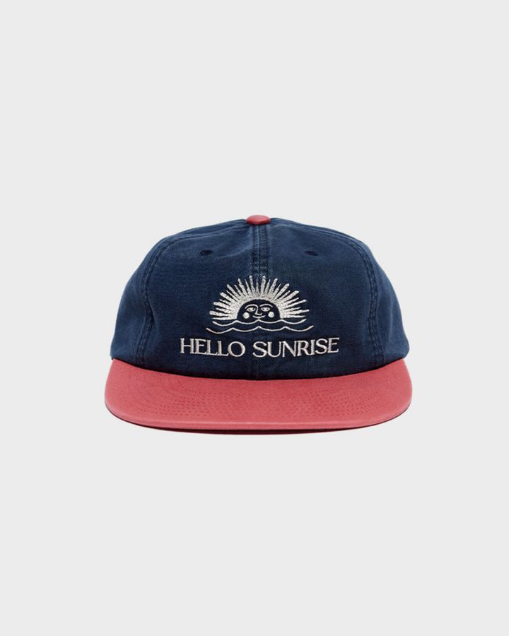 Hello Sun Embroidered Flat Brim Cap in Red