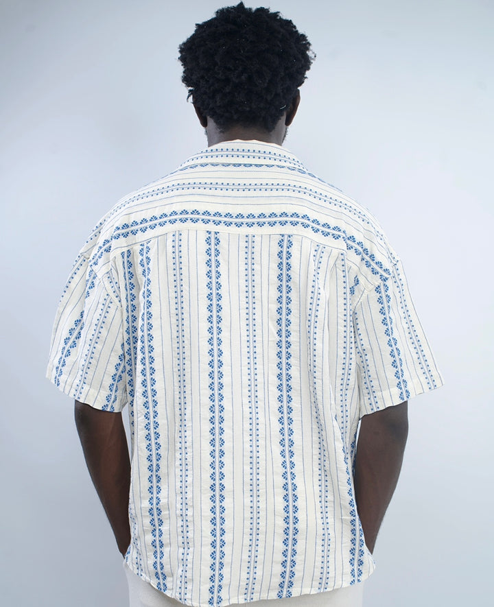 Giesto Striped oversized revere shirt in ecru/blue