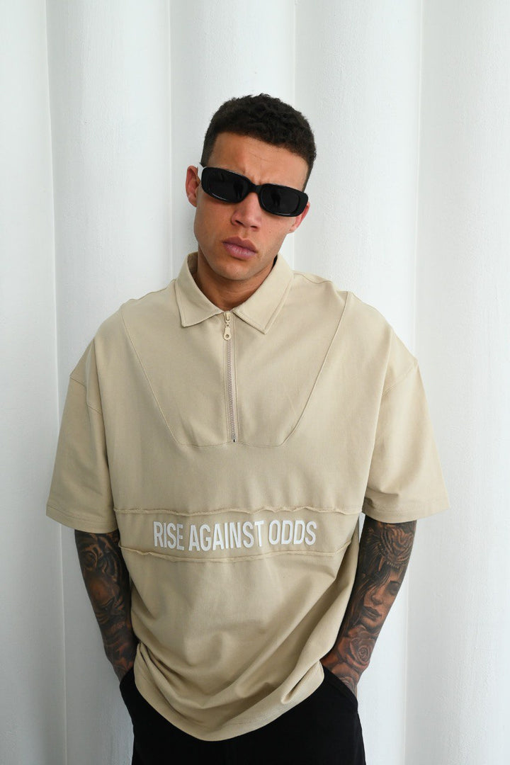 Mechanic Oversized Boxy Zip Short Sleeve Shirt in Beige