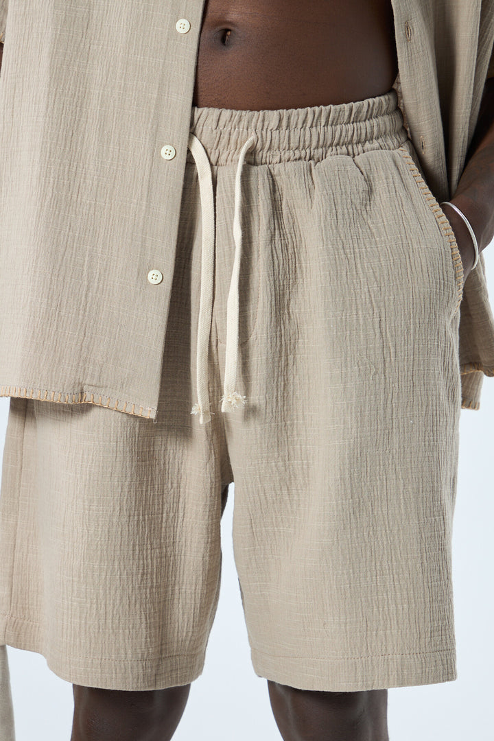 VAMOS SEWING DETAILED OVERSIZE MUSLIN LINEN SHORTS SET KHAKI