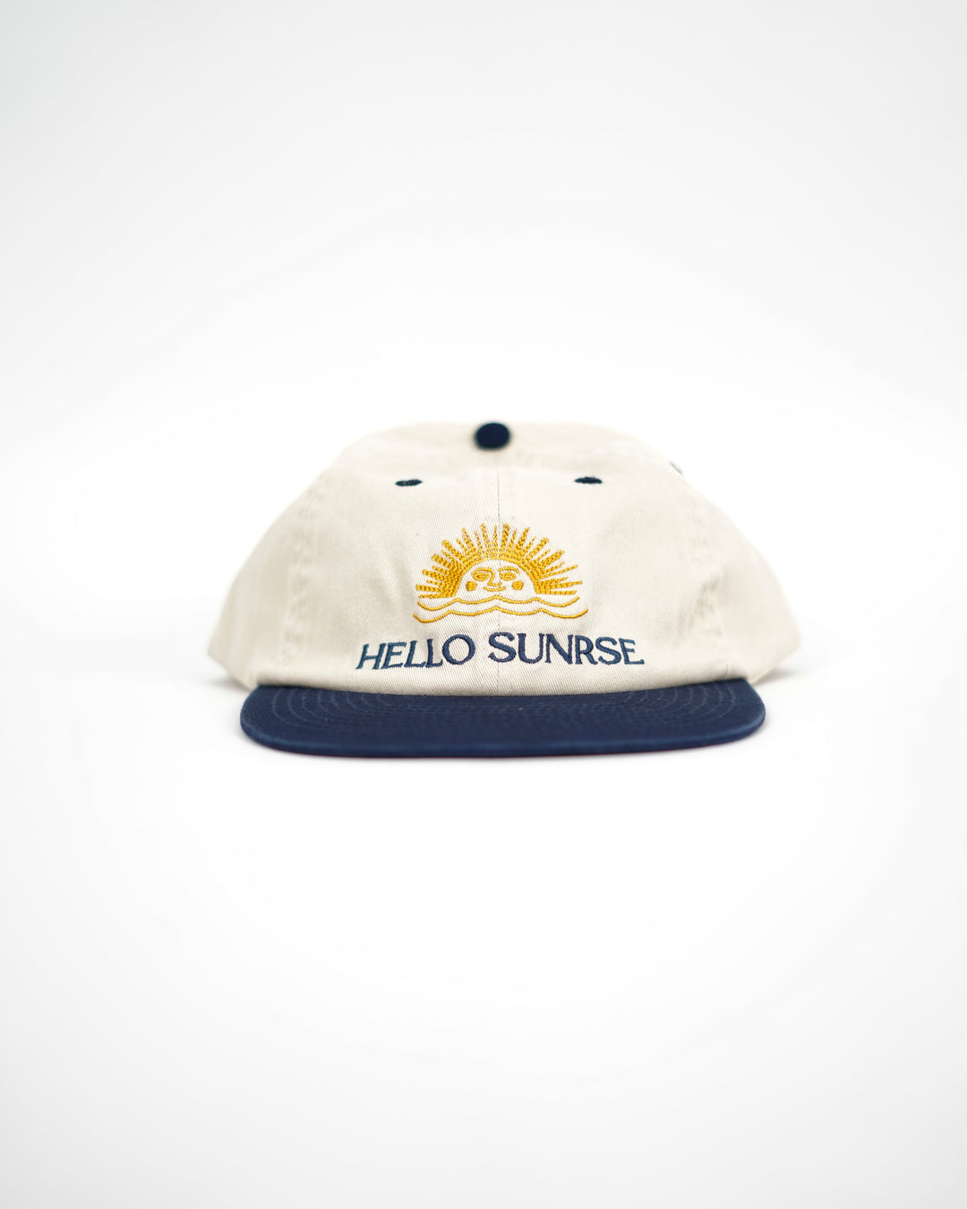 Hello Sun Embroidered Flat Brim Cap in Blue