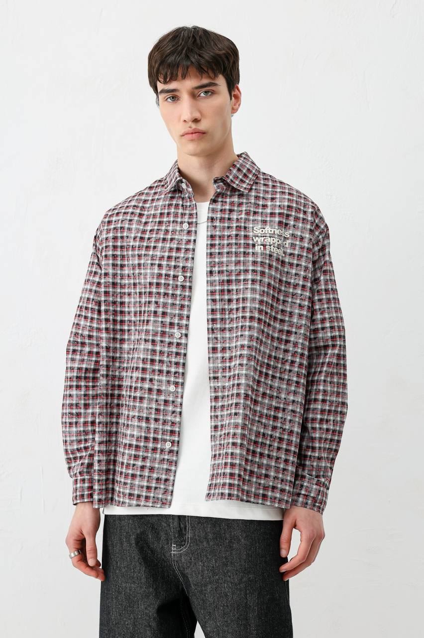 Vamos Soft In Steel Text Print Overshirt in Red