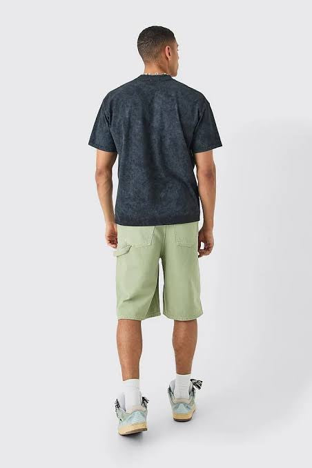 BOOHOOMAN OVERDYED CARPENTER JORTS IN SAGE GREEN