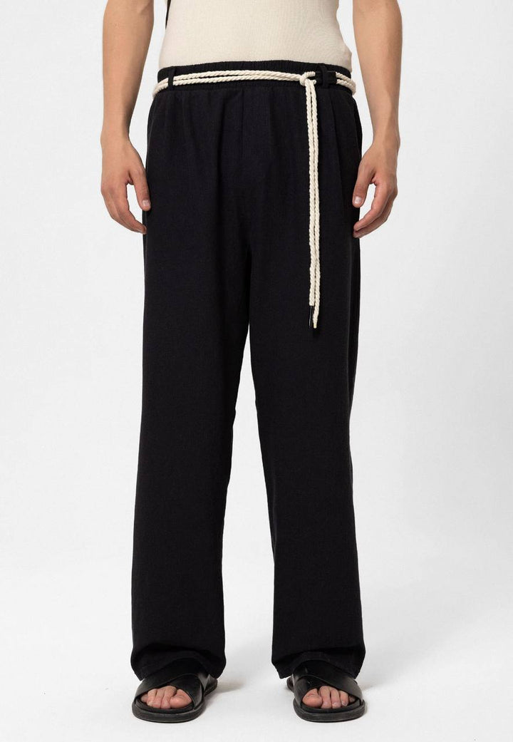 SPRUCE BELT DETAILED OVERSIZE LINEN TROUSERS BLACK