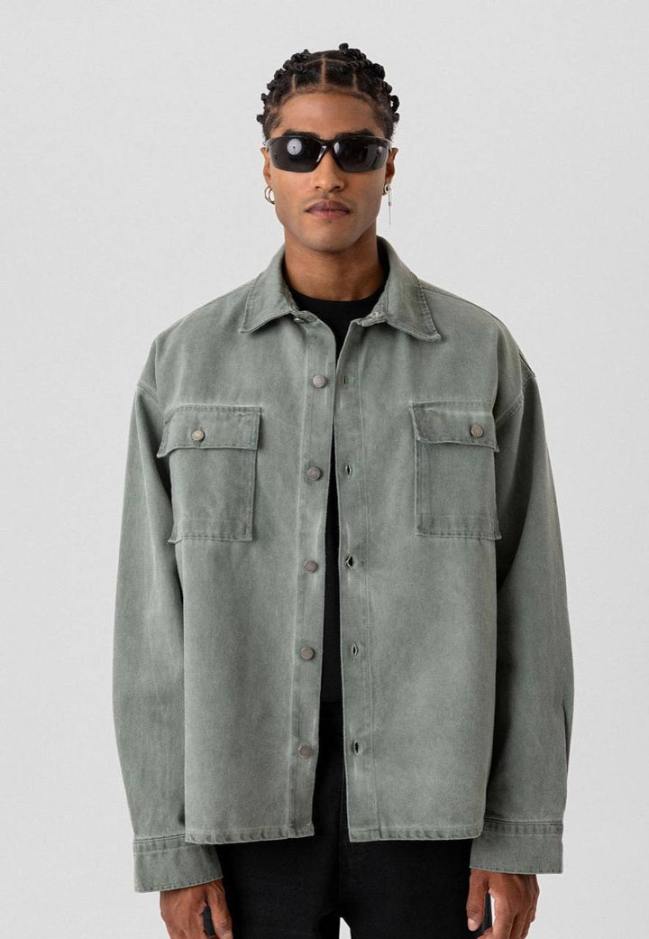 VAMOS POCKET DETAILED OVERSIZE DENIM JACKET KHAKI GREEN