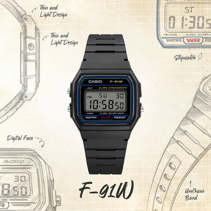 Casio F-91W Classic Resin Strap Digital Waterproof Sport Watch- Black