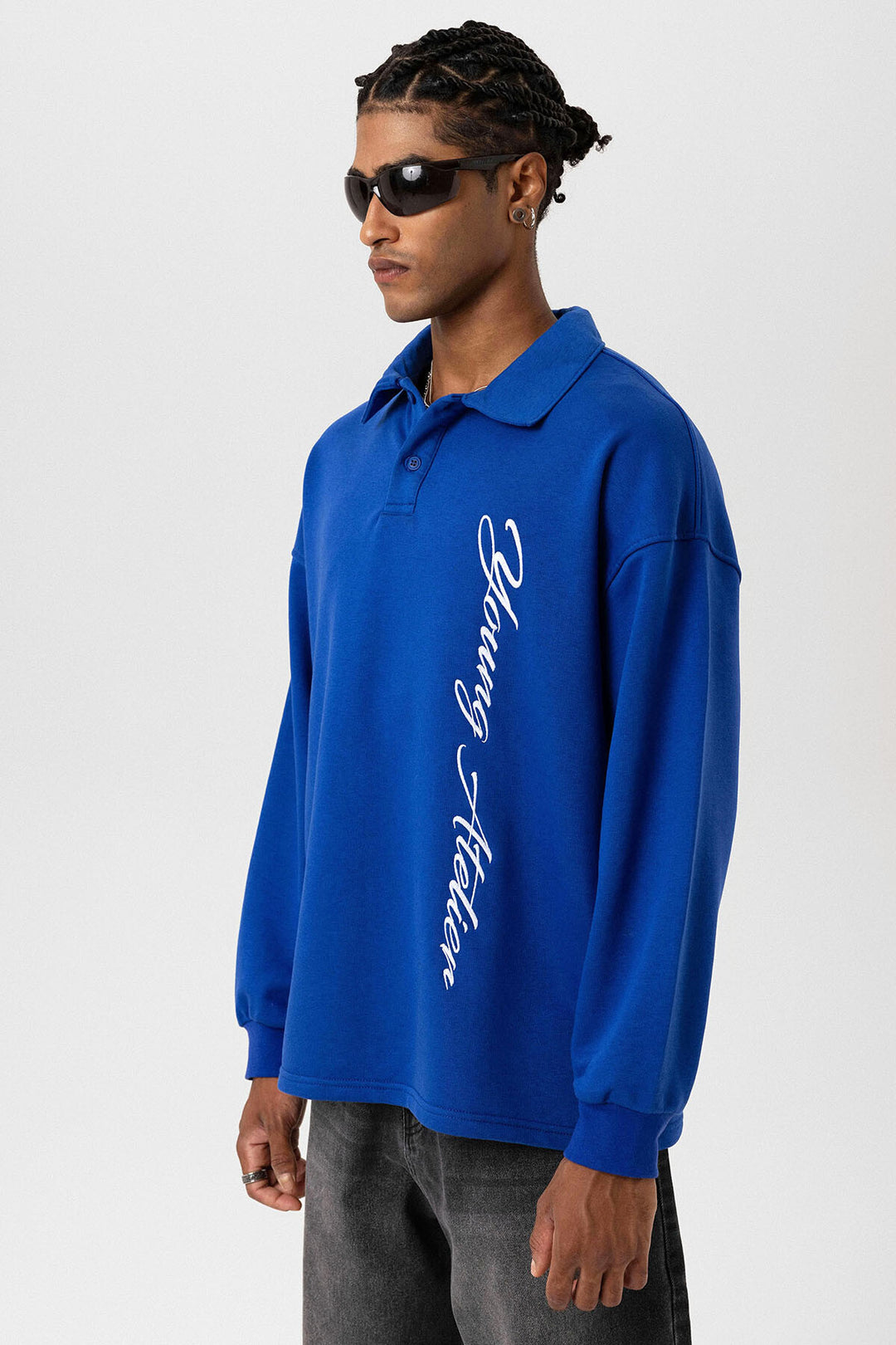 VAMOS POLO COLLAR LETTER DETAILED OVERSIZE SWEATSHIRT BLUE