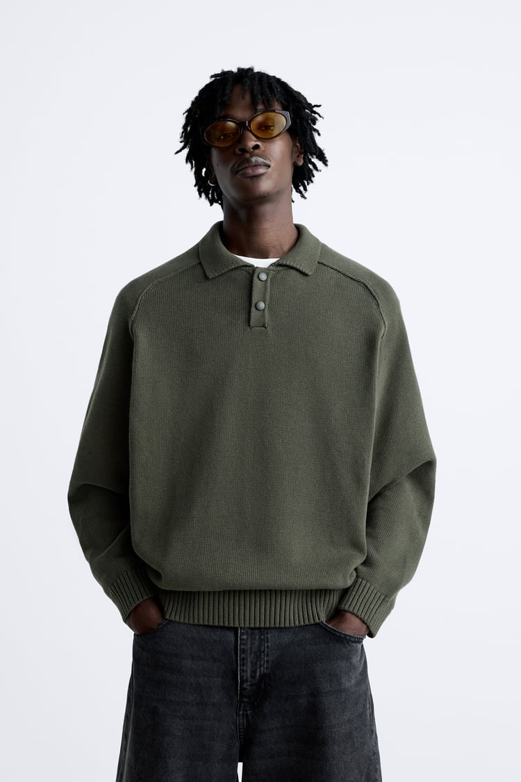 ZARA KNIT COTTON POLO SHIRT KHAKI