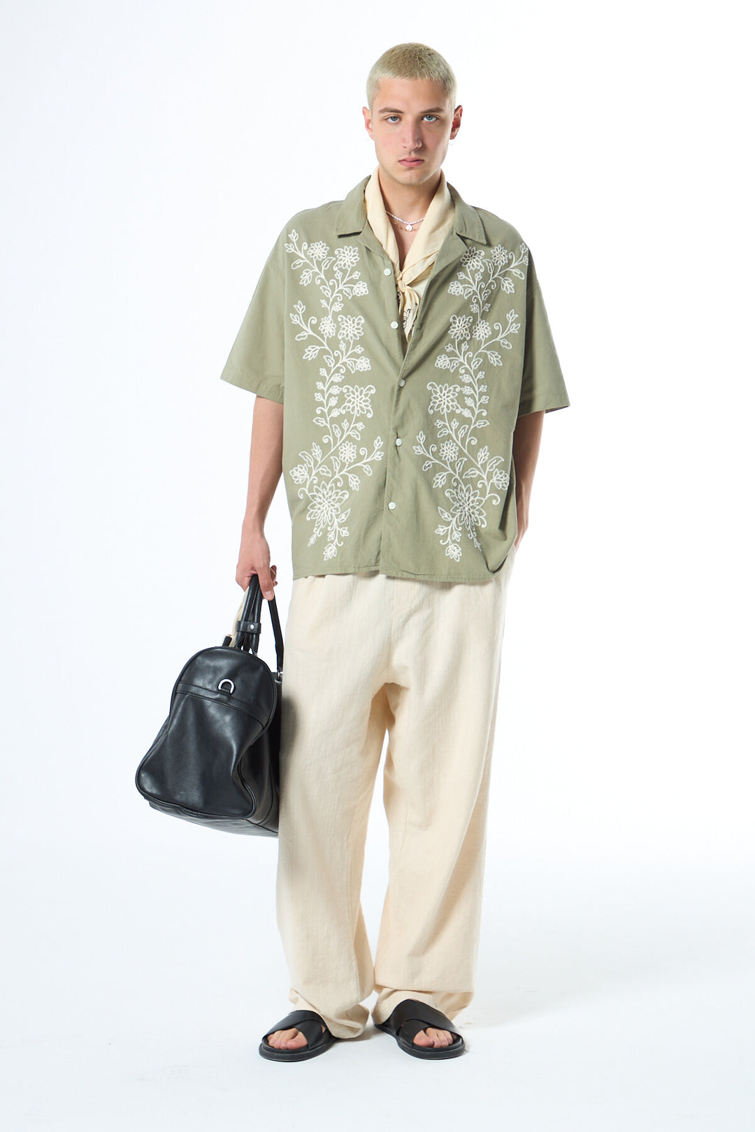 VAMOS FLORAL EMBROIDERED OVERSIZE SHORT SLEEVE LINEN SHIRT GREEN