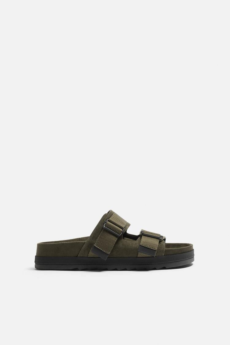 ZARA DOUBLE STRAP LEATHER SANDALS IN GREEN