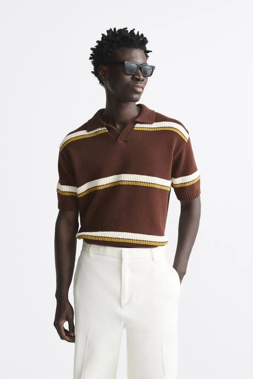 Garm Island Striped Knit Polo Shirt in brown