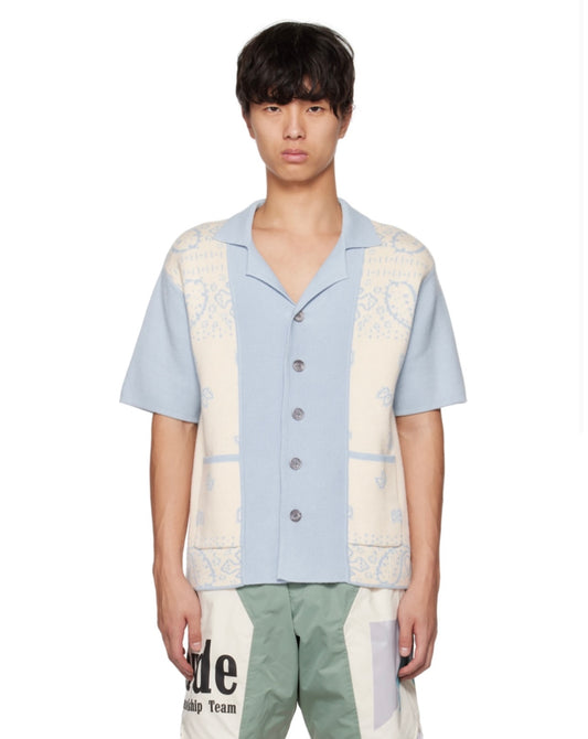 RHUDE BANCO KNIT SHIRT IN BLUE AND WHITE