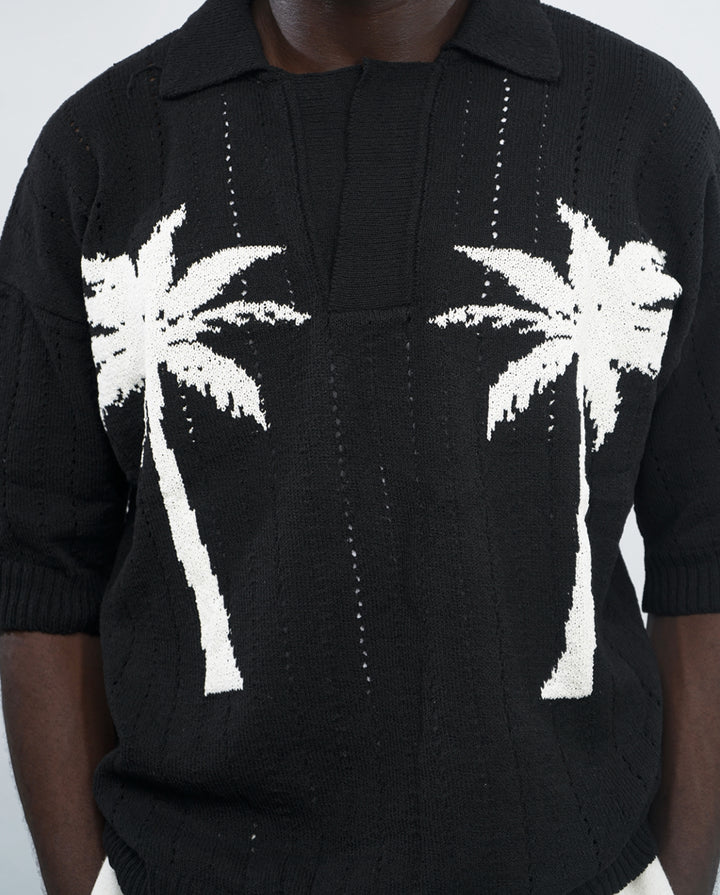 GIESTO oversized crochet knit polo with palm print in black