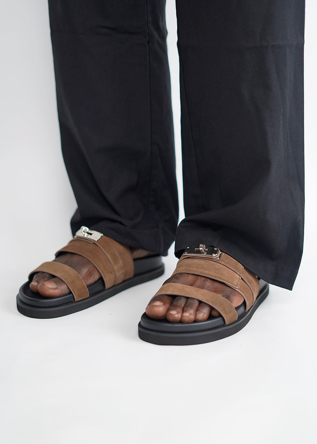 Garm Island Suede Strap Slide Sandals in Brown