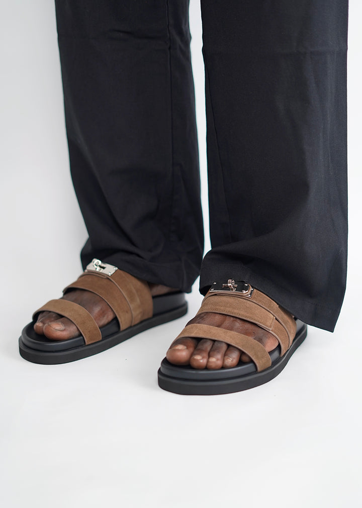 Garm Island Suede Strap Slide Sandals in Brown