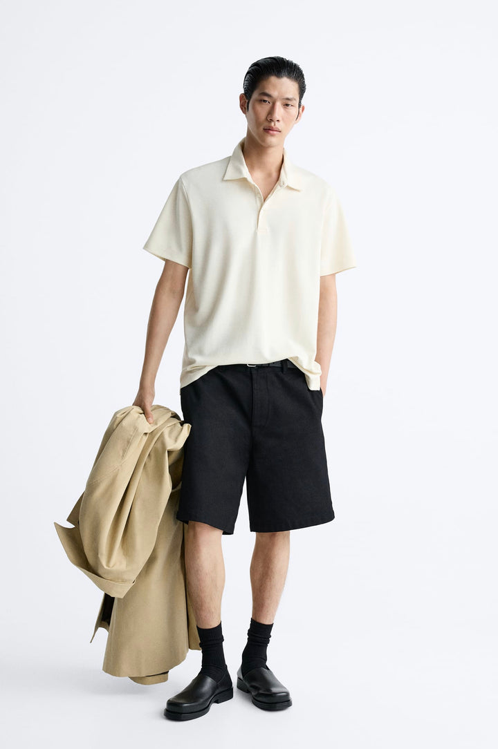 ZARA TEXTURED POLO SHIRT IN ECRU