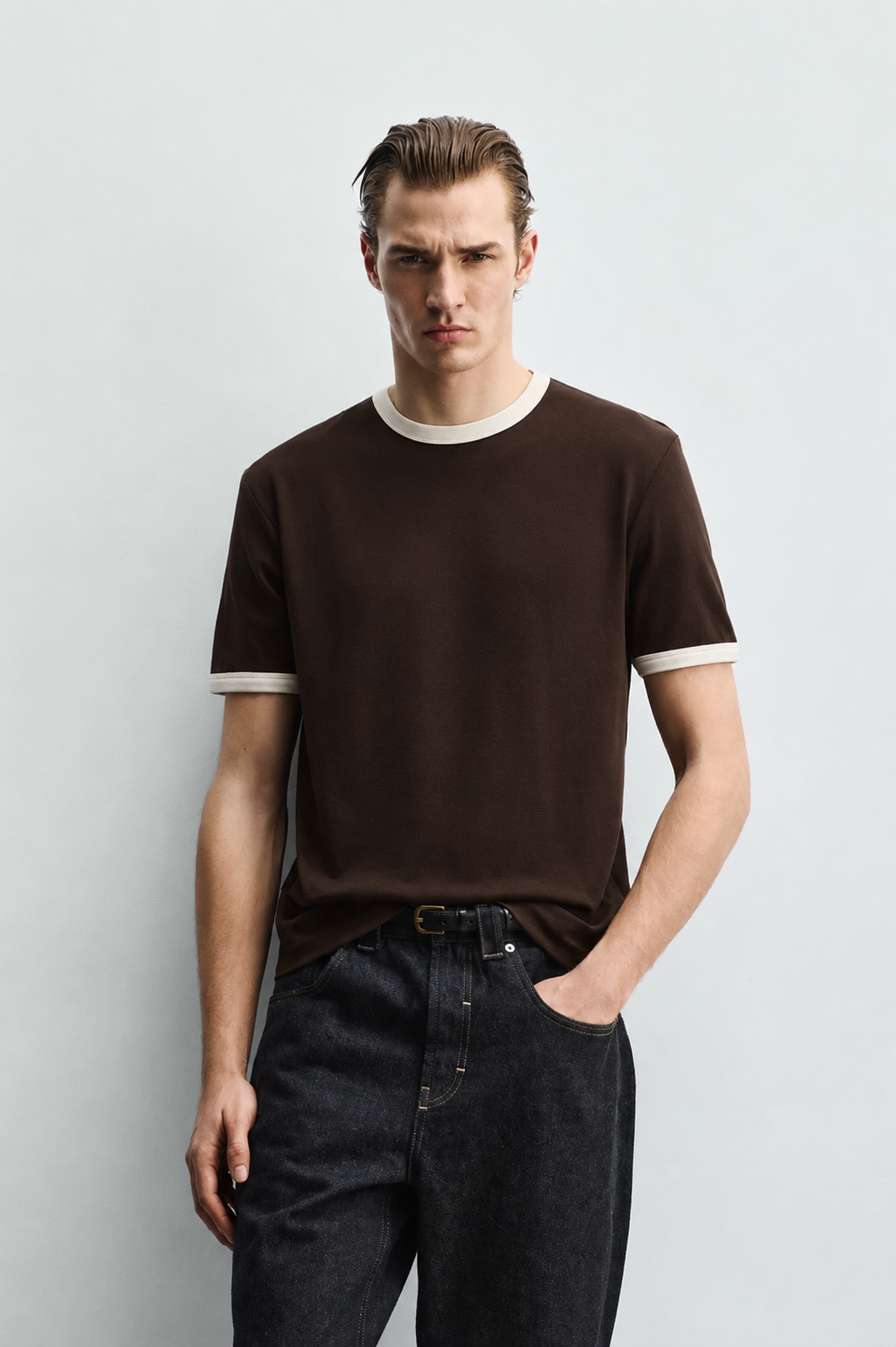 Vamos Contrast Collar Oversized T-shirt in Brown
