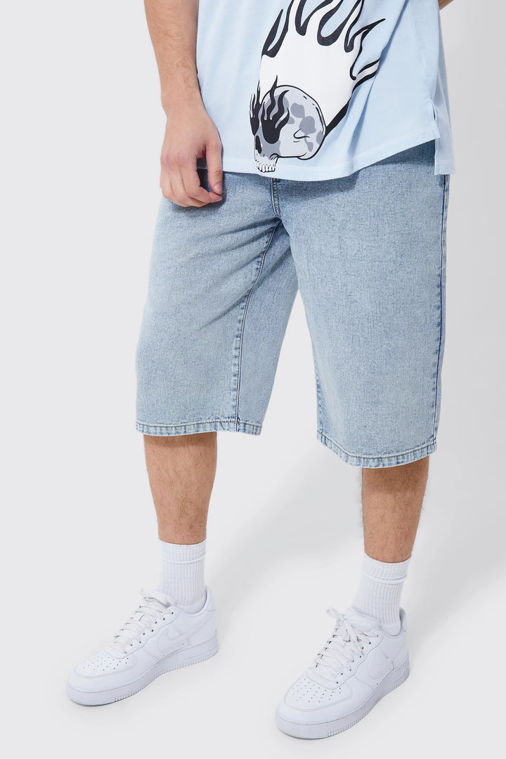 BOOHOOMAN RELAXED RIGID LONGLINE DENIM SHORTS