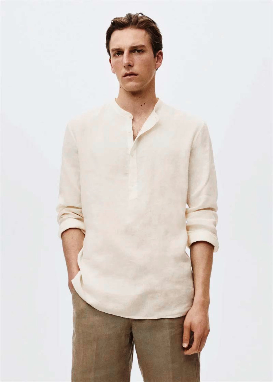 Retro Club Linen Tab Collar Long Sleeve T-shirt in off white