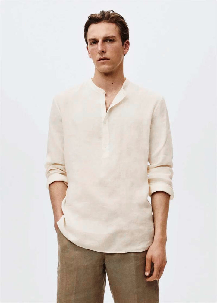 Retro Club Linen Tab Collar Long Sleeve T-shirt in off white