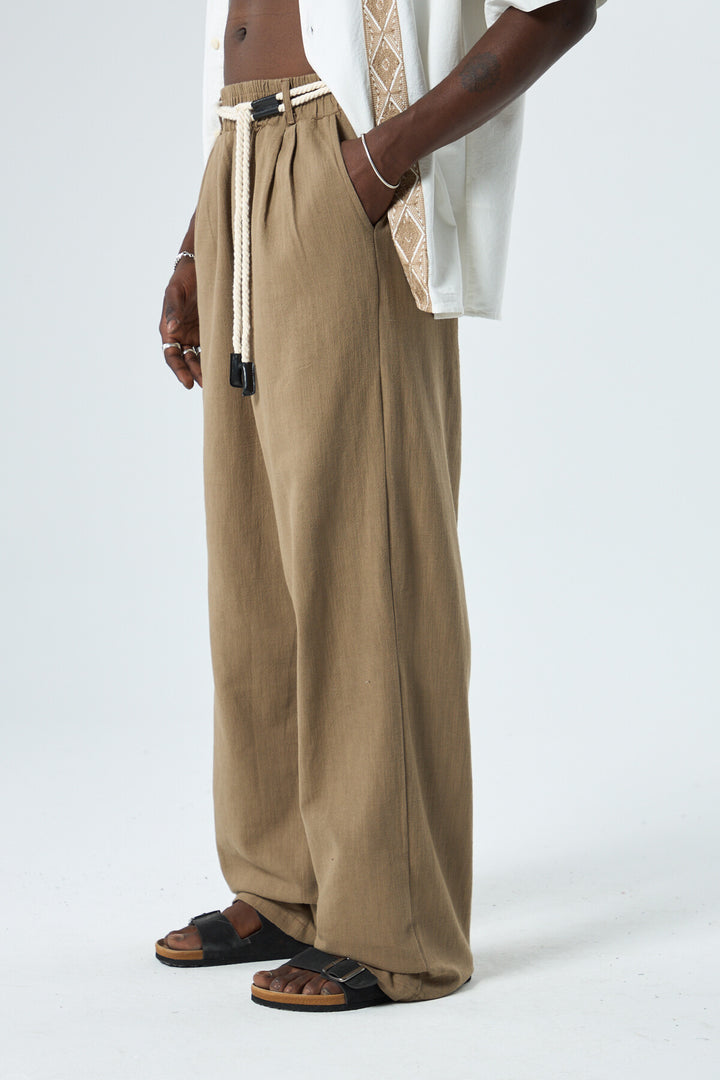 SPRUCE BELT DETAILED OVERSIZE LINEN TROUSERS COFFEE