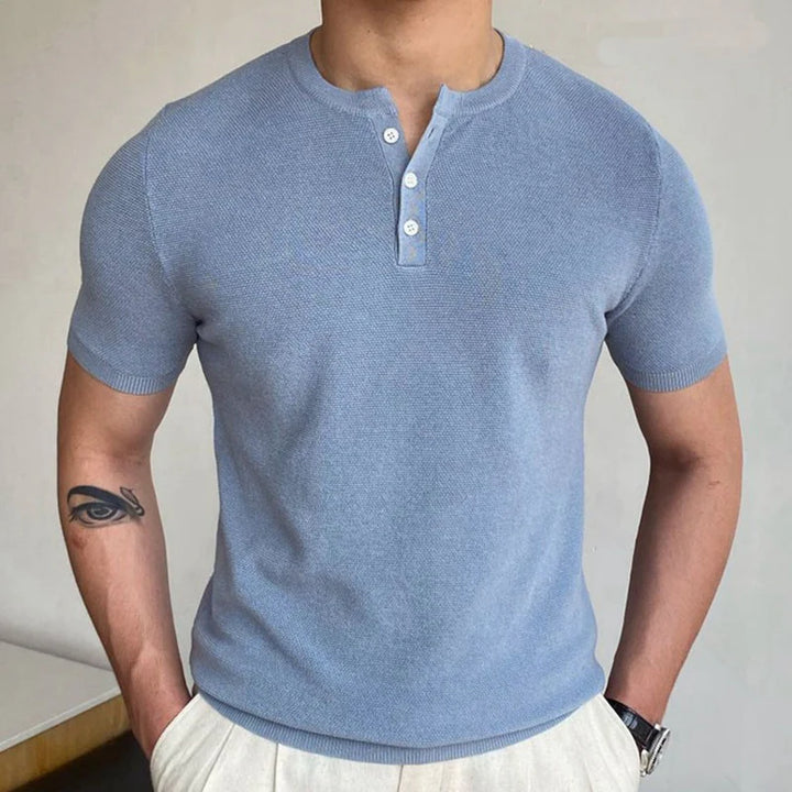 Knitted tab collar polo shirt in sky blue