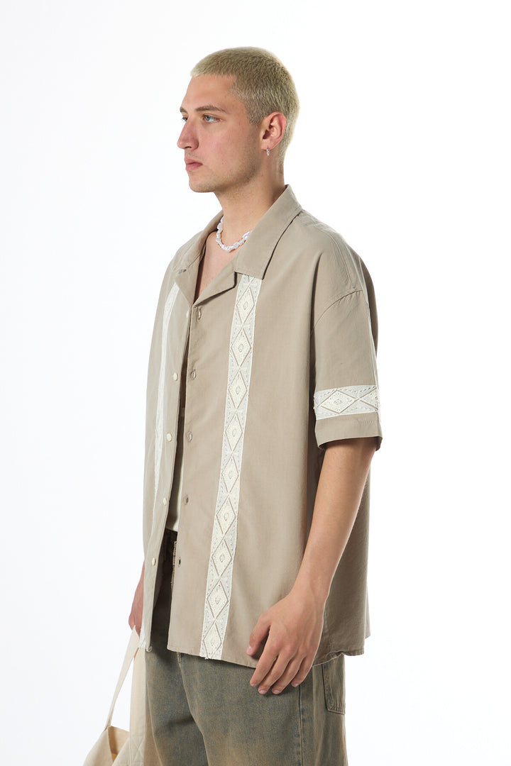 Vamos Embroidered Detailed Oversized Linen Shirt in Mink