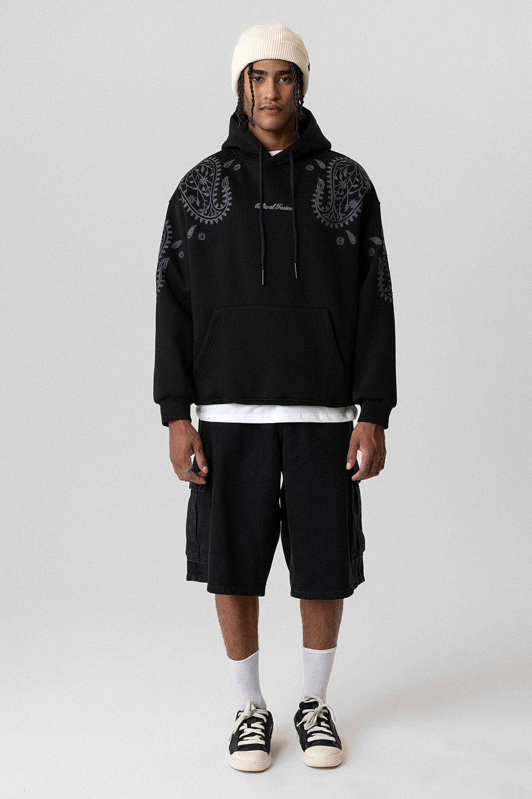 VAMOS PALSLEY PATTERNED OVERSIZE HOODIE BLACK