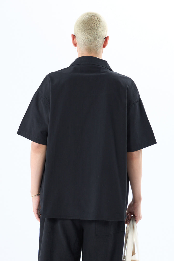 VAMOS EMBROIDERY DETAILED POCKETLESS SHORT SLEEVE OVERSIZE LINEN SHIRT BLACK