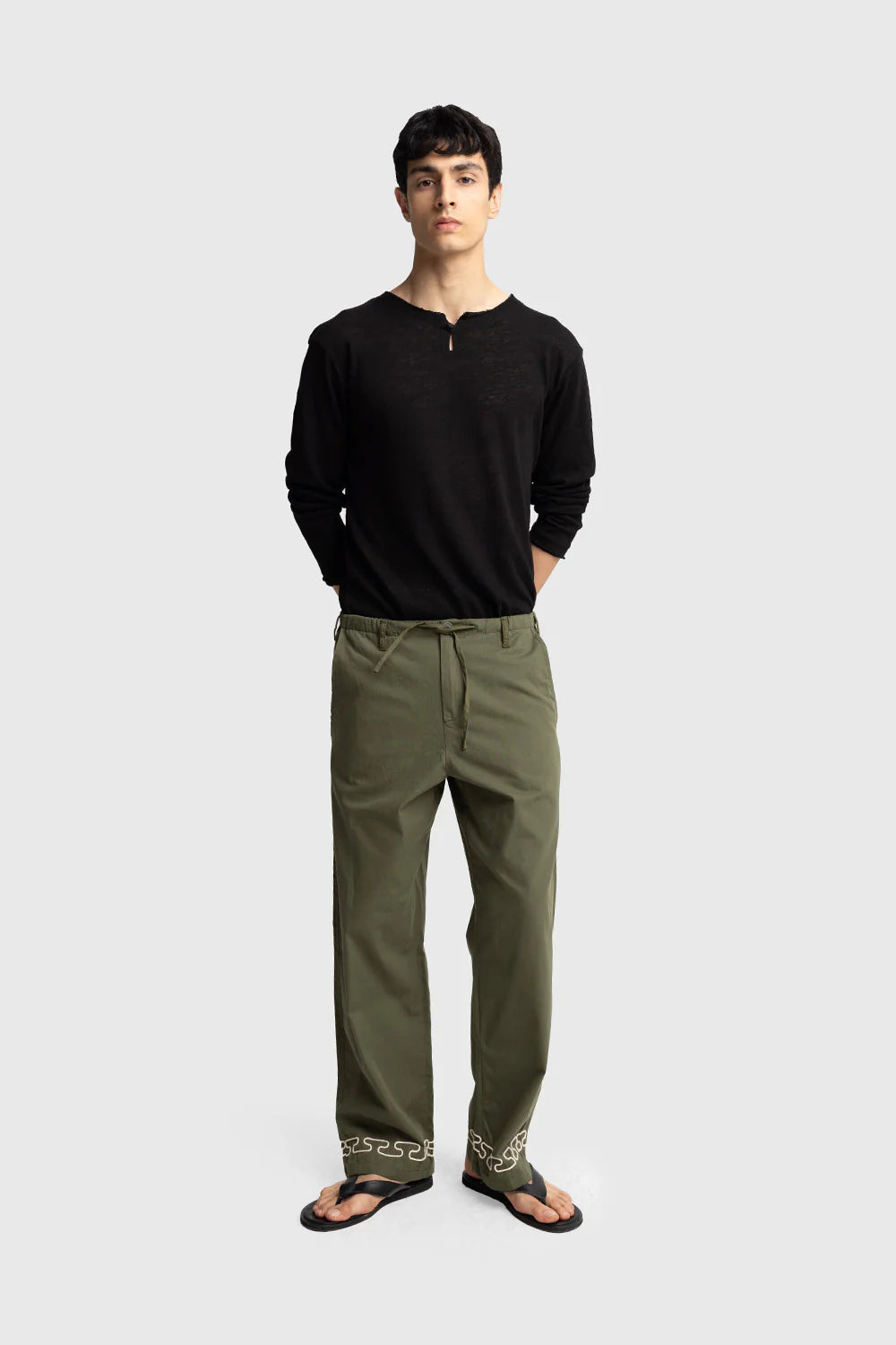 Giesto Poplin Pants with Embroidery Details in Green