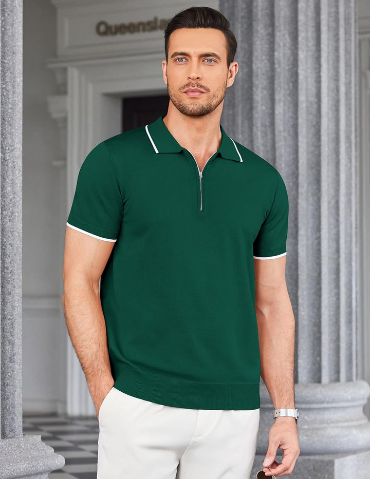 Knitted zip green polo shirt with white tipping