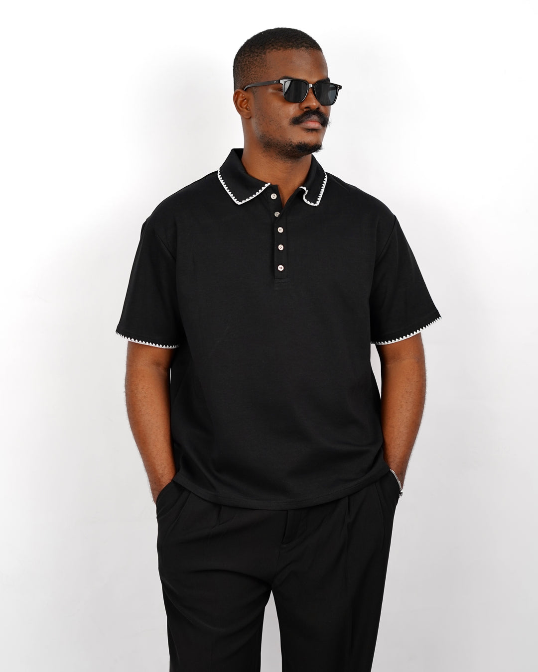 M Studios Polo Shirt with Contrast Stitching in Black