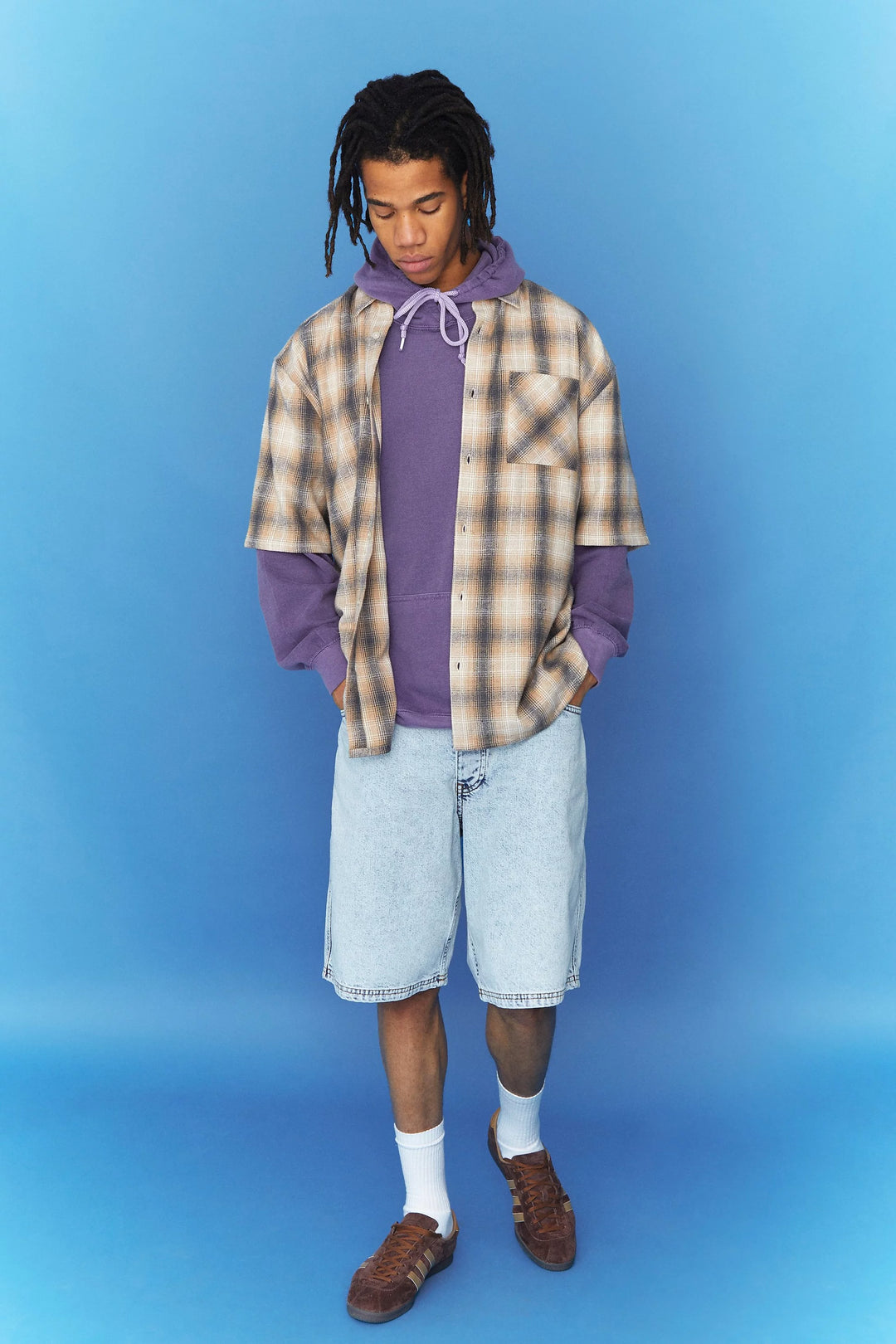 BOOHOOMAN SKATE FIT CONTRAST STITCH DENIM SHORTS BLUE