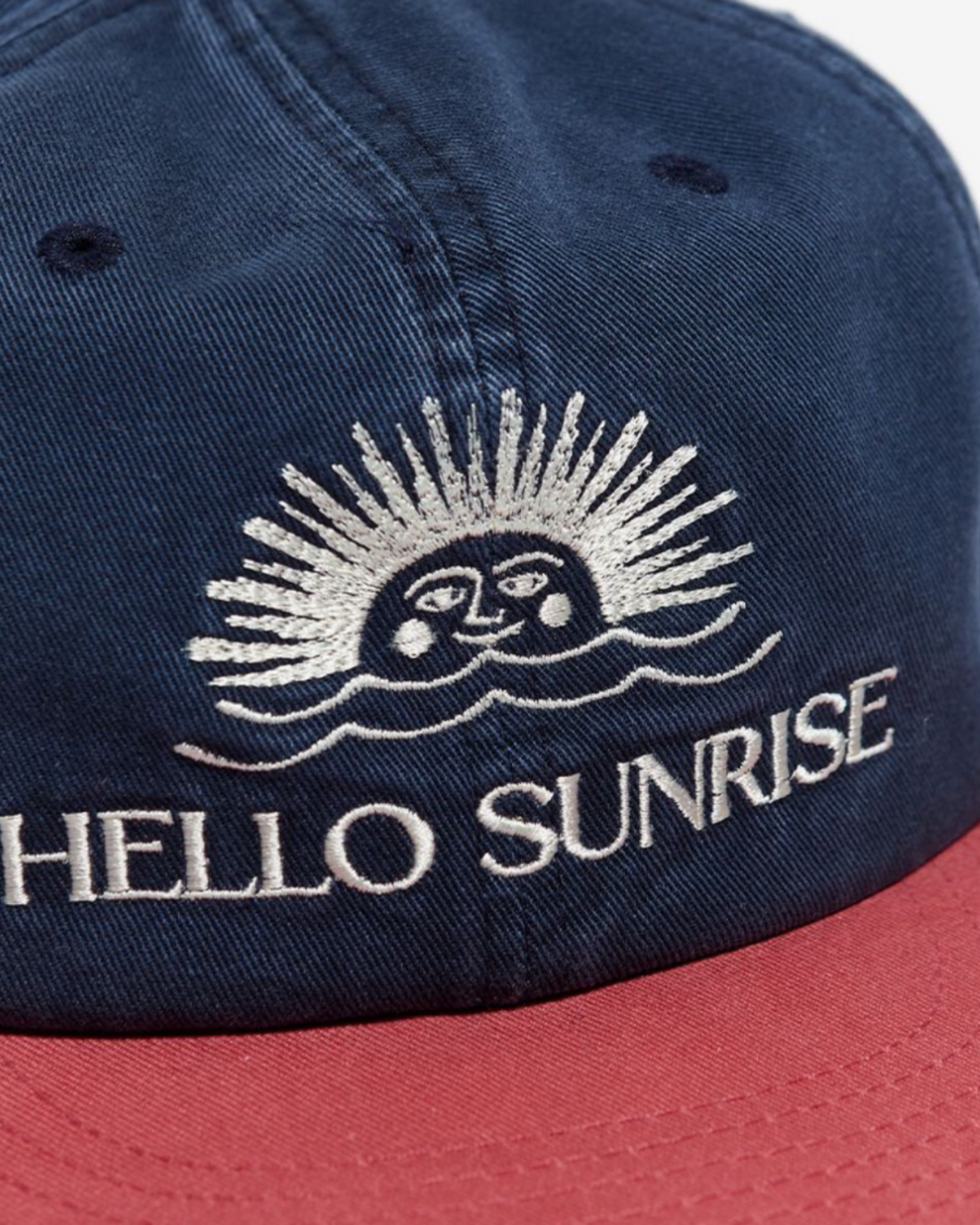 Hello Sun Embroidered Flat Brim Cap in Red