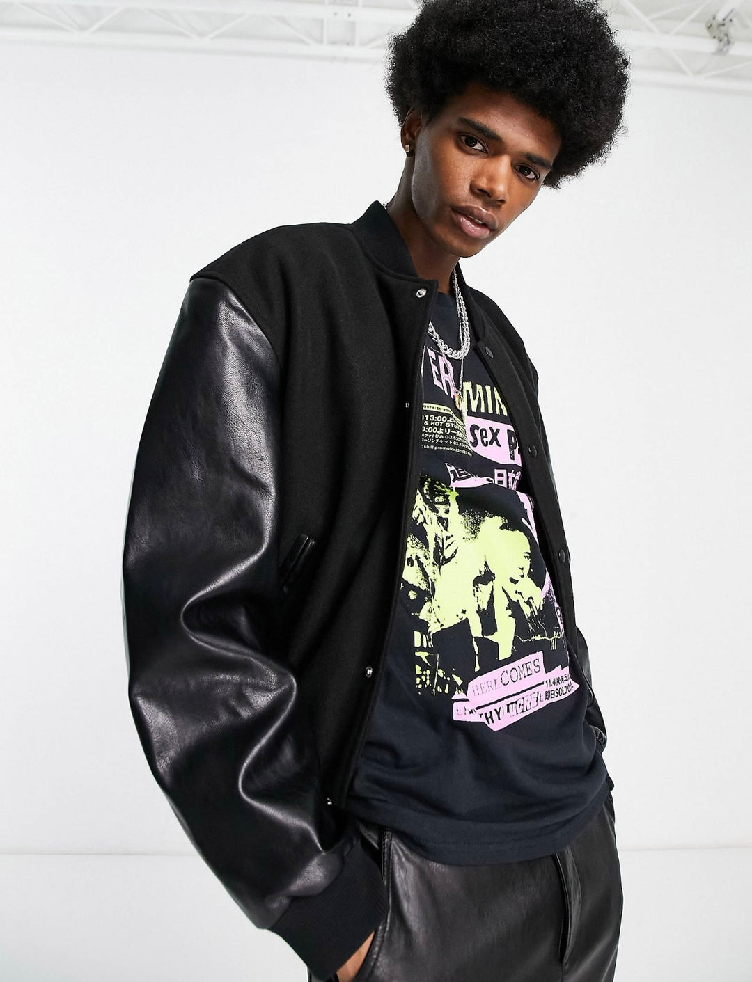 Oversized Montana varsity bomber with faux leather sleeves with back print in black