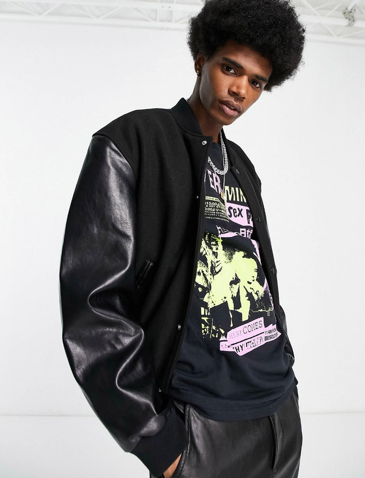 Oversized Montana varsity bomber with faux leather sleeves with back print in black