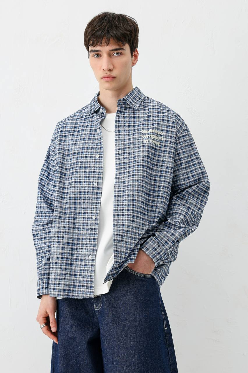 Vamos Soft In Steel Text Print Overshirt in Blue