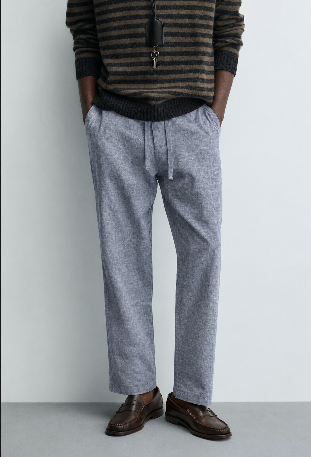 H&M COTTON/LINEN RELAXED FIT TROUSERS IN DENIM DARK BLUE