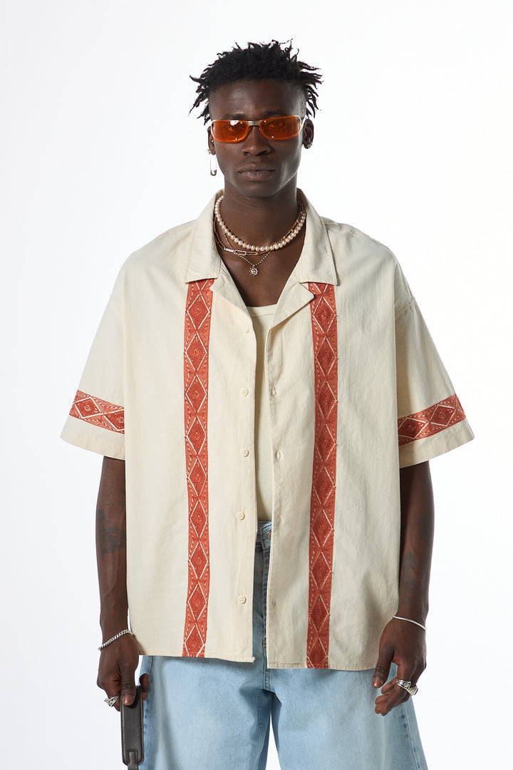 Vamos Embroidered Detailed Oversized Linen Shirt in Beige